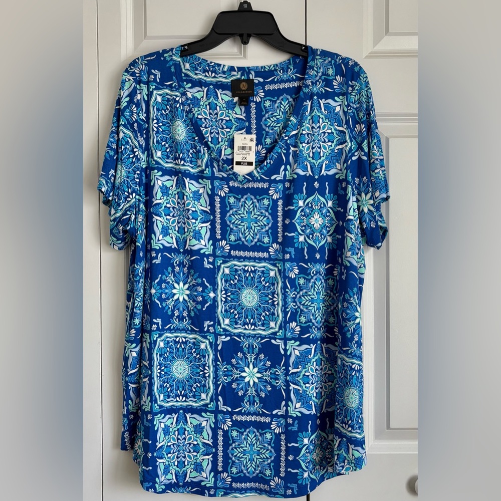 Blue Patterned Short Sleeve Top